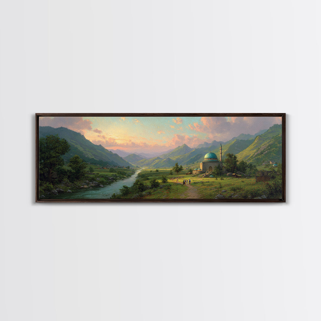 Beautiful Serene Mountain Landscape With River And Village, Romantic Nature Oil Painting Framed Canvas Print, Large Wall Art For Home Decor