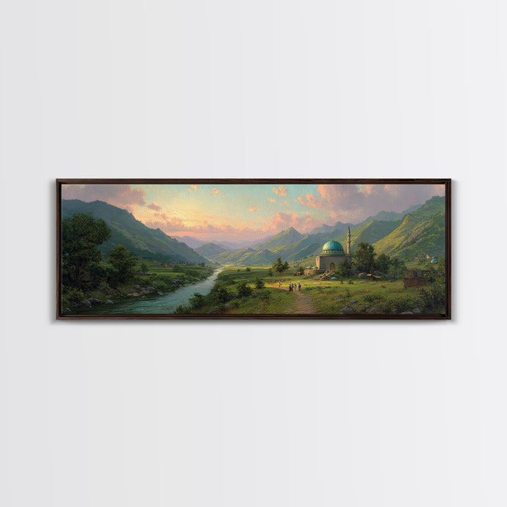 Beautiful Serene Mountain Landscape With River And Village, Romantic Nature Oil Painting Framed Canvas Print, Large Wall Art For Home Decor