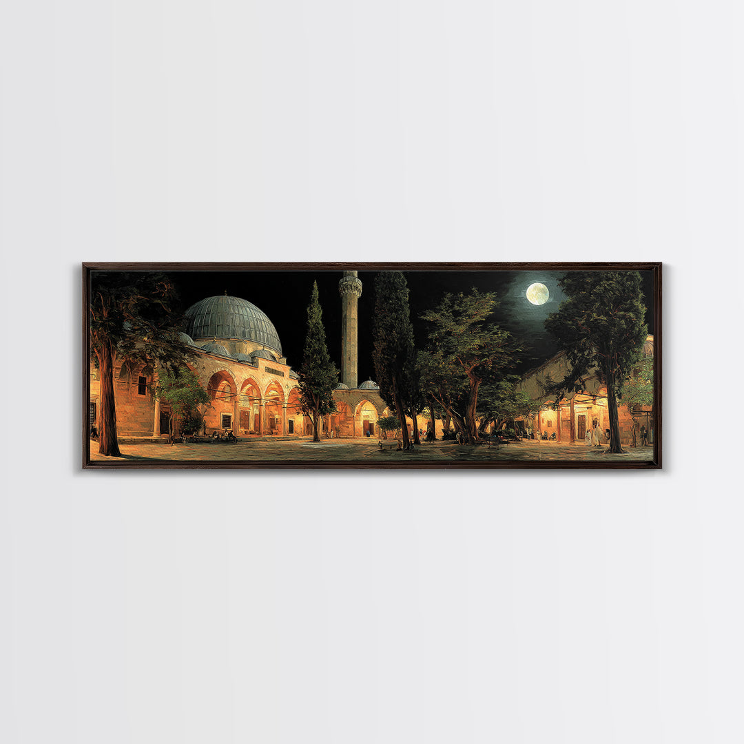 Nighttime Mosque Courtyard With Warm Lighting And People Gathered Framed Canvas Print For Spiritual Wall Art