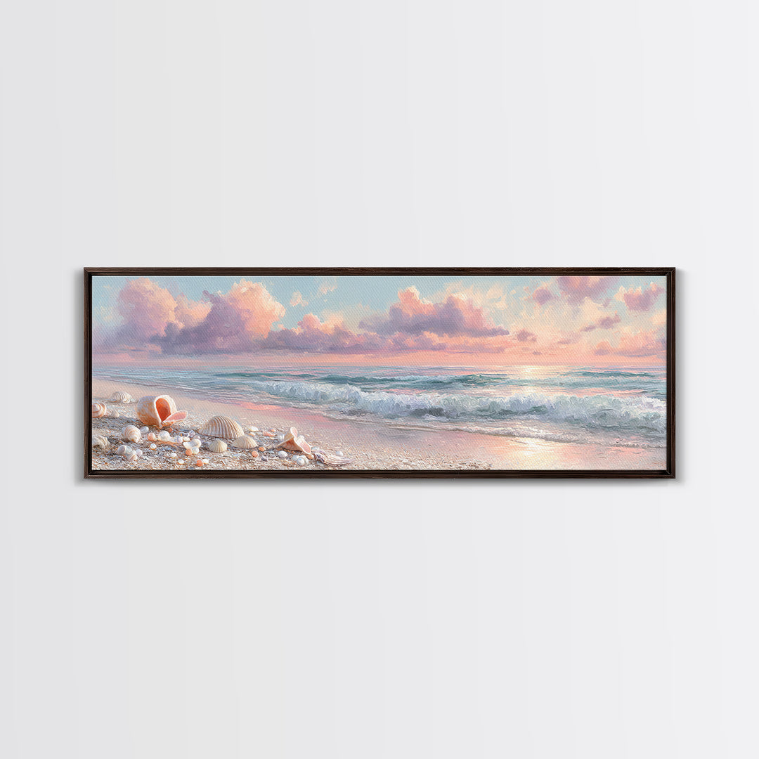 Pastel Ocean Waves And Shells Beach Wall Art, Coastal Canvas Print, Seashell Bathroom Decor And Beach House Gift For Her