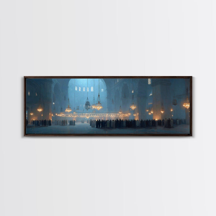 Ethereal Interior Of Historic Mosque With Soft Blue Tone And Glowing Chandeliers Canvas Print