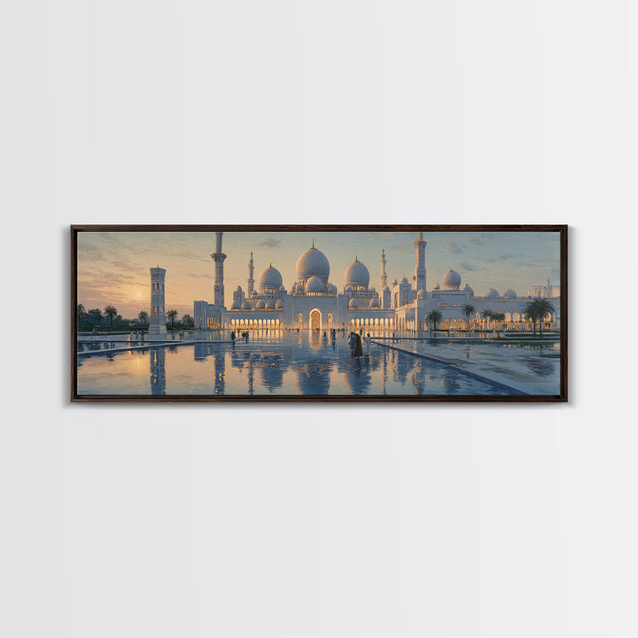 Majestic Mosque Sunset Golden Hour With Warm Glow And Reflections - Elegant Architectural Wall Art Canvas Print For Home Decor