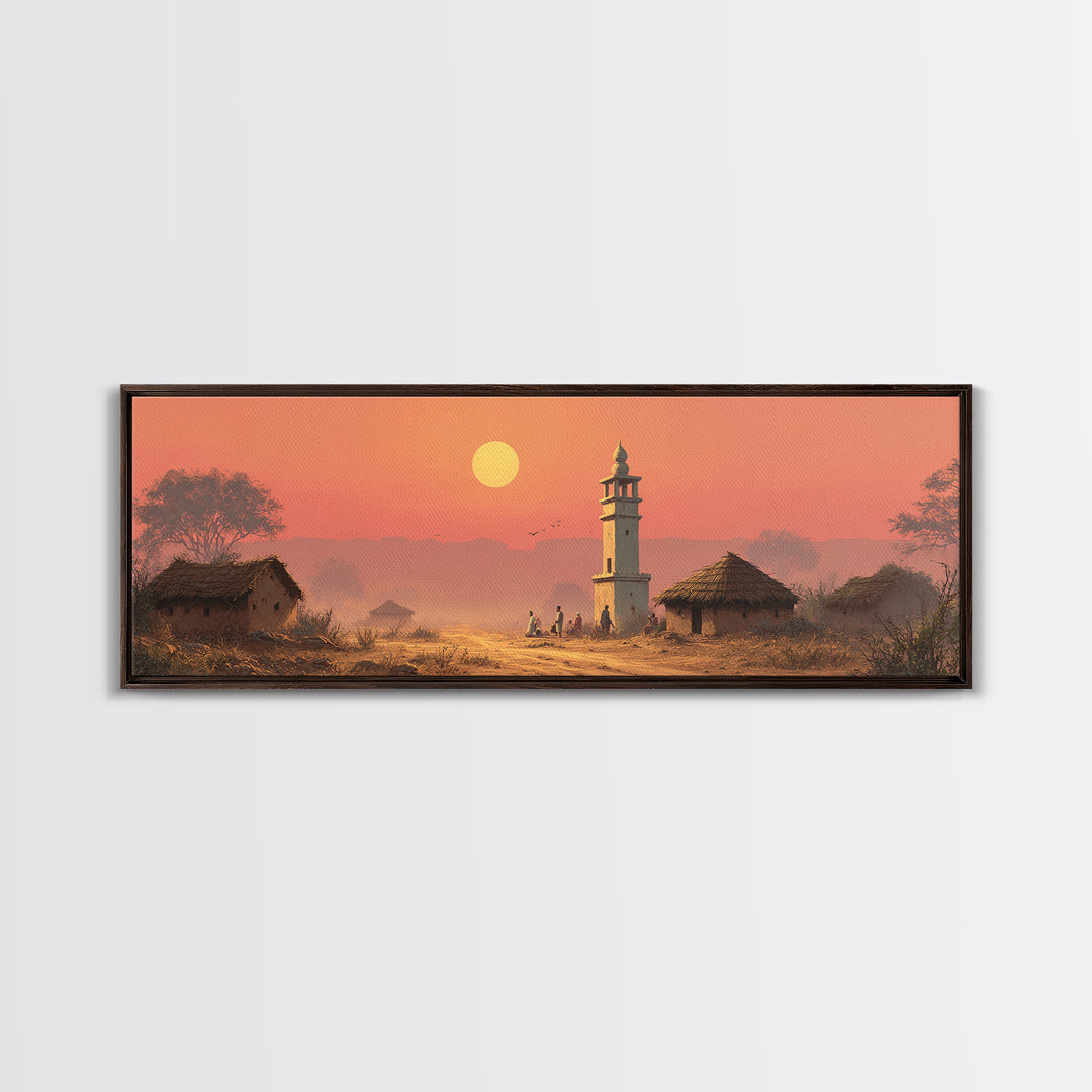 Rural Village Minaret At Peach Sunset Wall Art, Islamic Landscape Print, Prayer Room Decor, Warm Farmhouse Home Decor Gift
