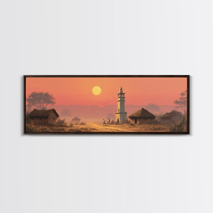 Rural Village Minaret At Peach Sunset Wall Art, Islamic Landscape Print, Prayer Room Decor, Warm Farmhouse Home Decor Gift