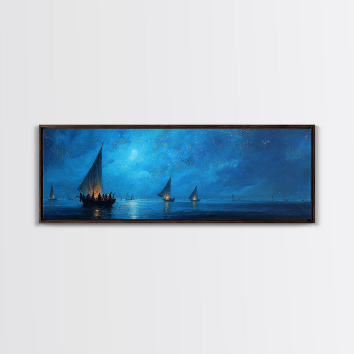 Fantasy Dusk Scene Sailing Boats On Calm Sea Under Moonlight Stunning Landscape Oil Painting Framed Canvas Print for Bedroom Wall Art