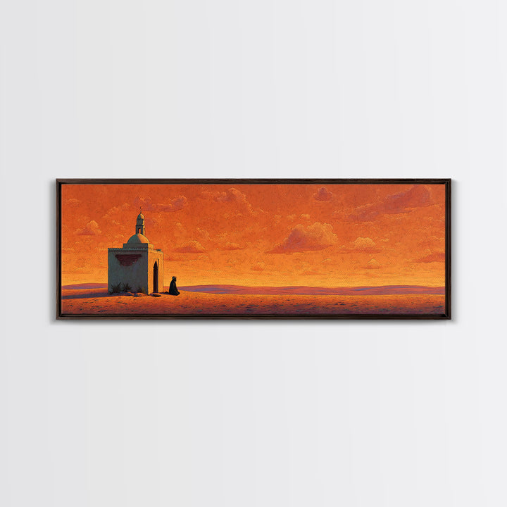 Orange Desert Mosque At Sunset Wall Art, Islamic Landscape Print, Panoramic Canvas, Prayer Room Decor, Warm Earth Tone Home Decor