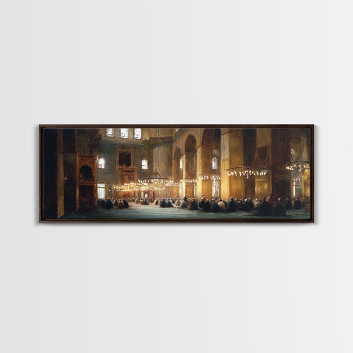 Classic Church Interior Worshipers Praying Under Chandeliers Religious Wall Art Framed Canvas Print