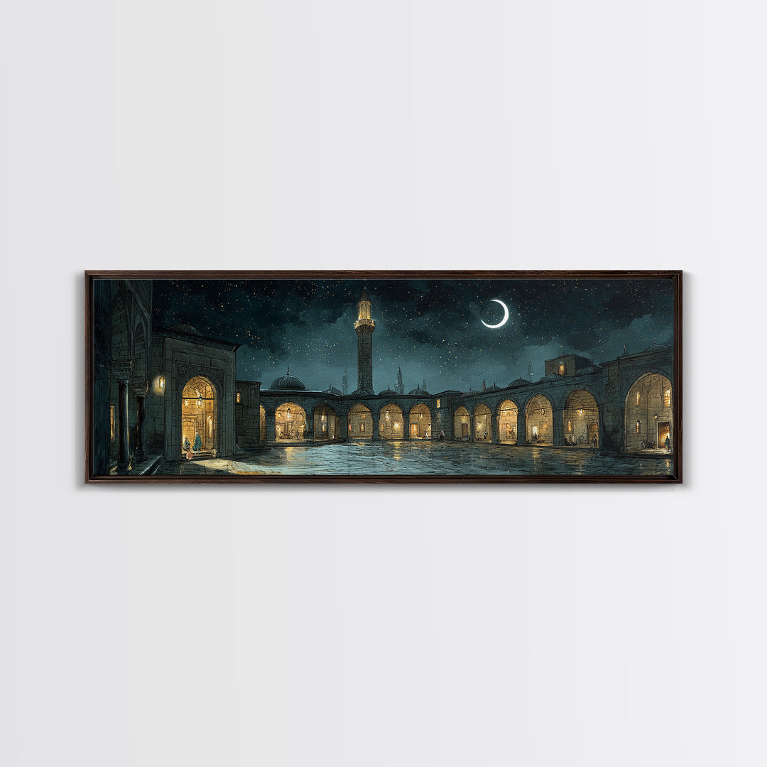 Enchanting Night Courtyard With Starry Sky And Crescent Moon - Magical Wall Art Canvas Print For Bedroom And Living Room Decor