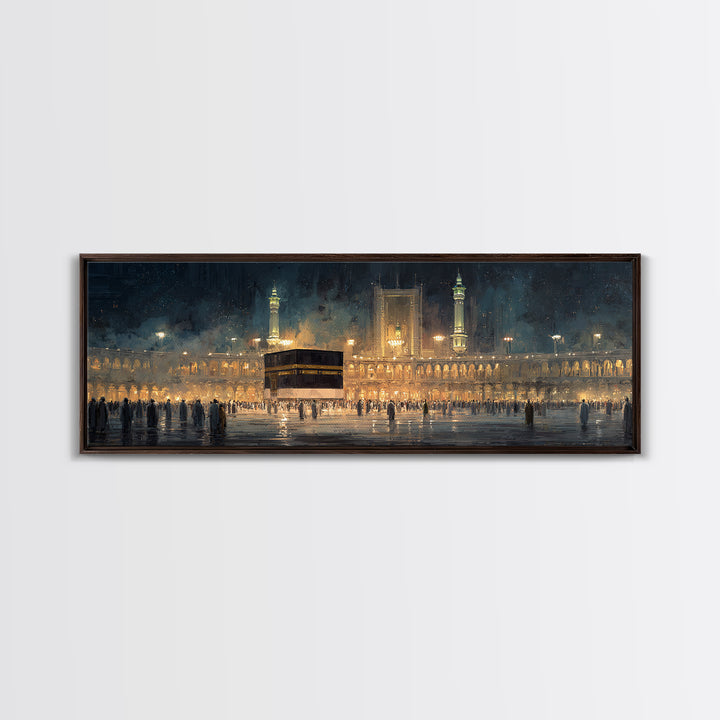 Nighttime Pilgrimage At Sacred Mosque With Glowing Lights And Worshippers Canvas Print