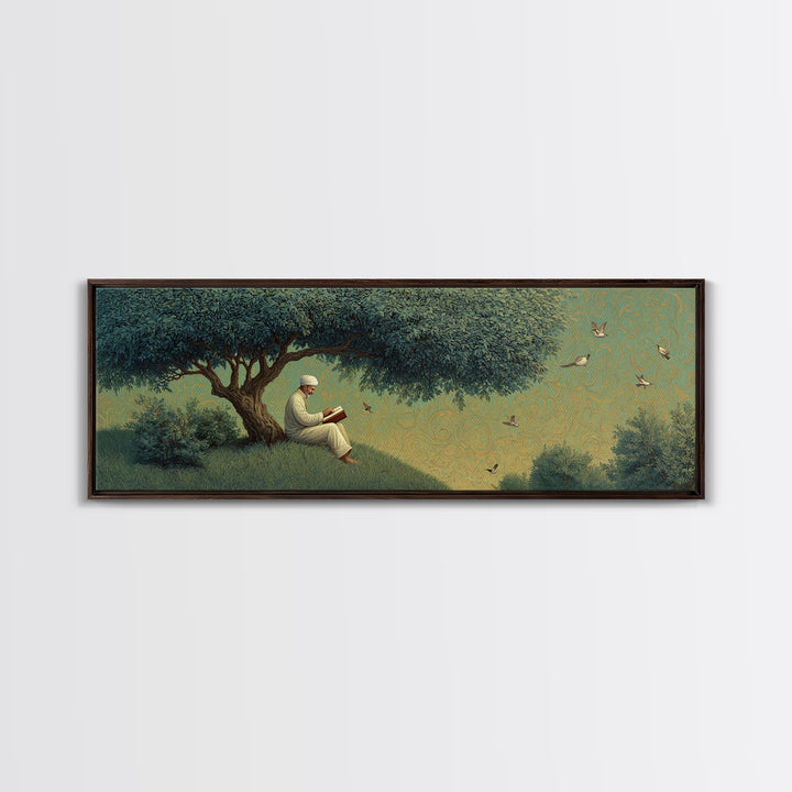 Peaceful Man Reading Under Lush Tree With Flying Birds Scenic Wall Art Canvas Print For Home Decor