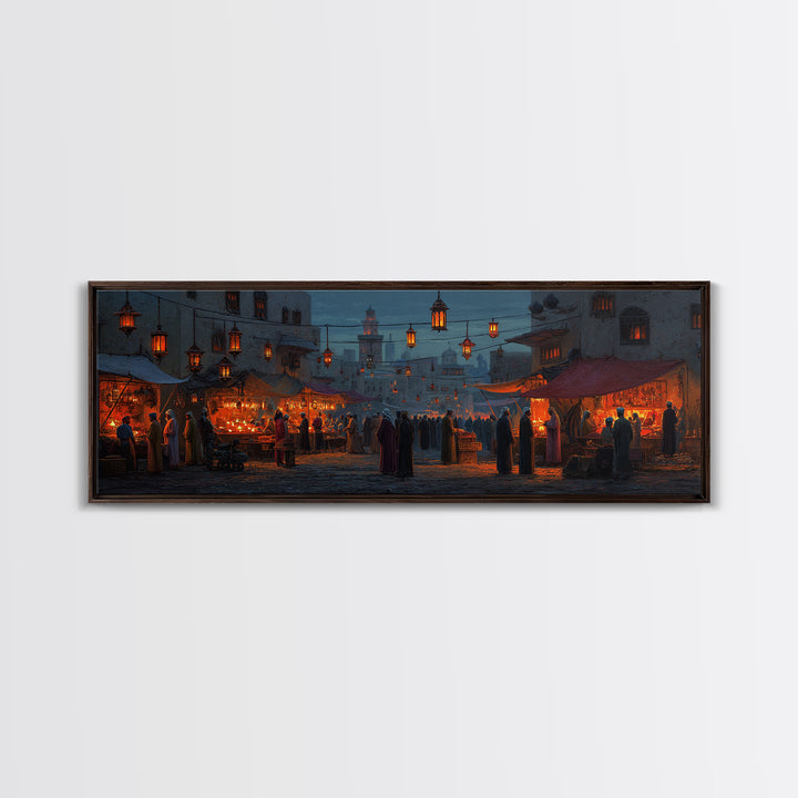 Warm and Lively Market Scene in Middle Eastern Style Oil Painting with Lanterns and Crowds Canvas Print