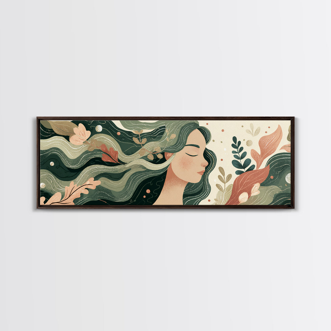 Flowing Green Haired Woman Botanical Wall Art, Feminine Boho Canvas Print, Earth Tone Decor For Bedroom And Living Room Art