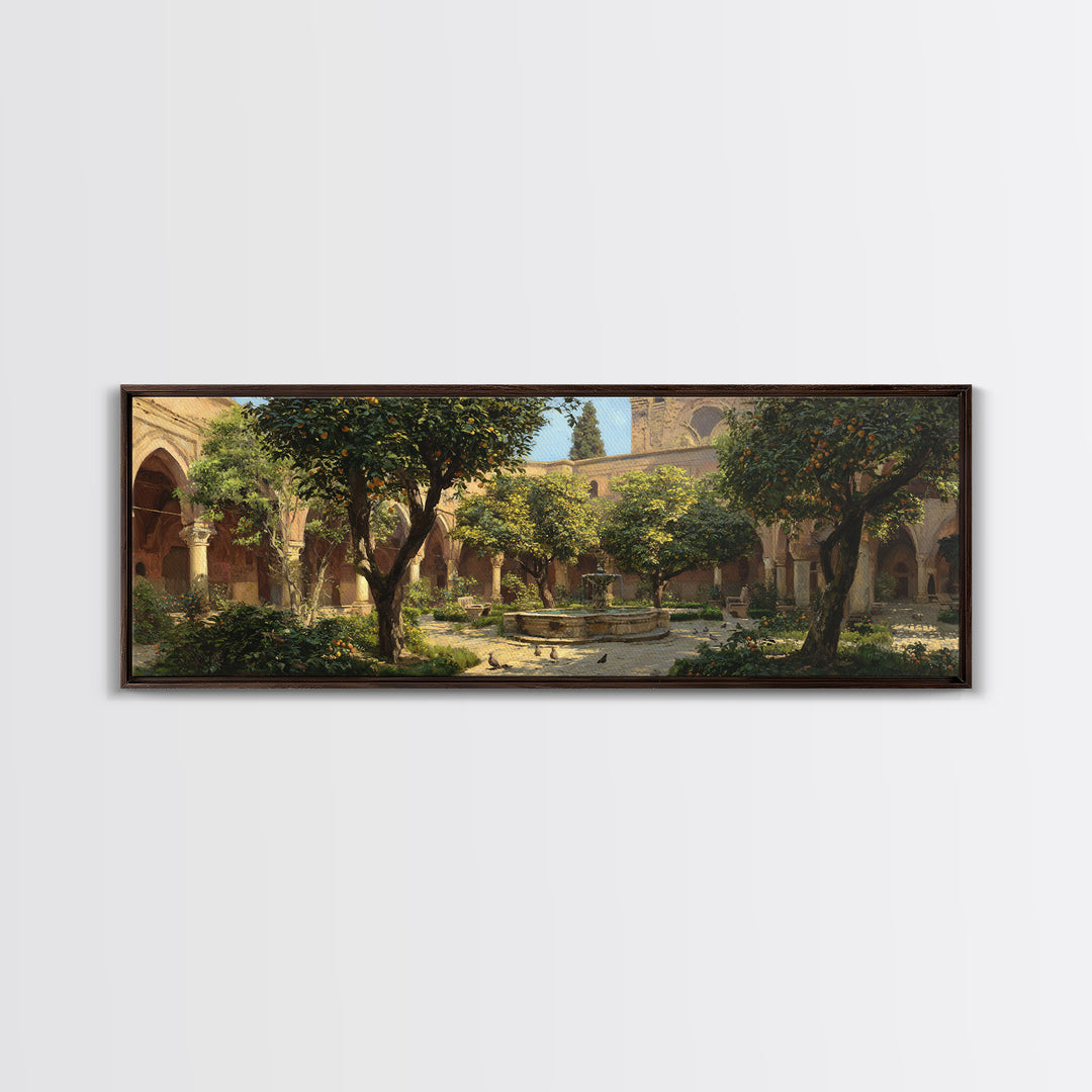 Sunny Courtyard With Orange Trees And Fountain, Classic European Garden Oil Painting Wall Art Print, Large Framed Canvas Print For Home