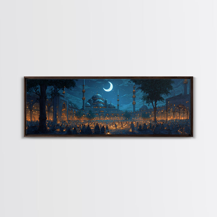 Serene Nighttime Mosque With Illuminated Lanterns And Crescent Moon Wall Art Framed Canvas Print For Spiritual Home Decor