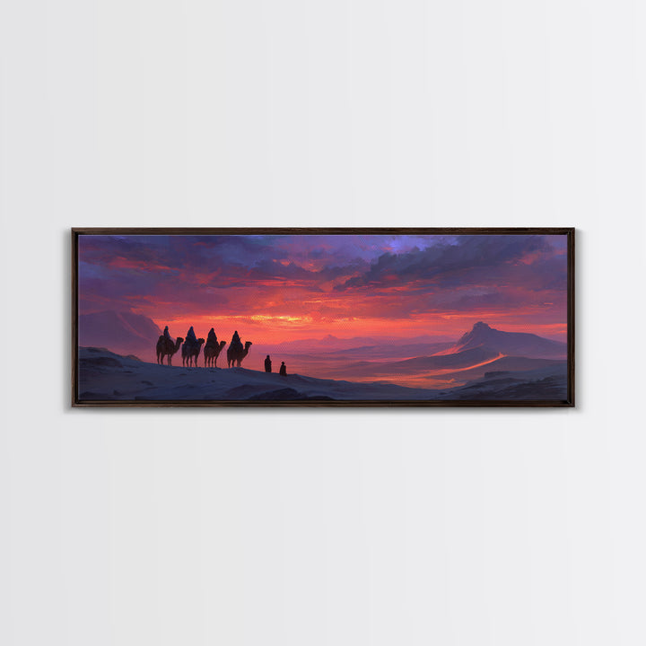 Dramatic Desert Caravan With Camels Traveling At Sunset Landscape Wall Art For Living Room Cozy Home Decor Framed Canvas Print