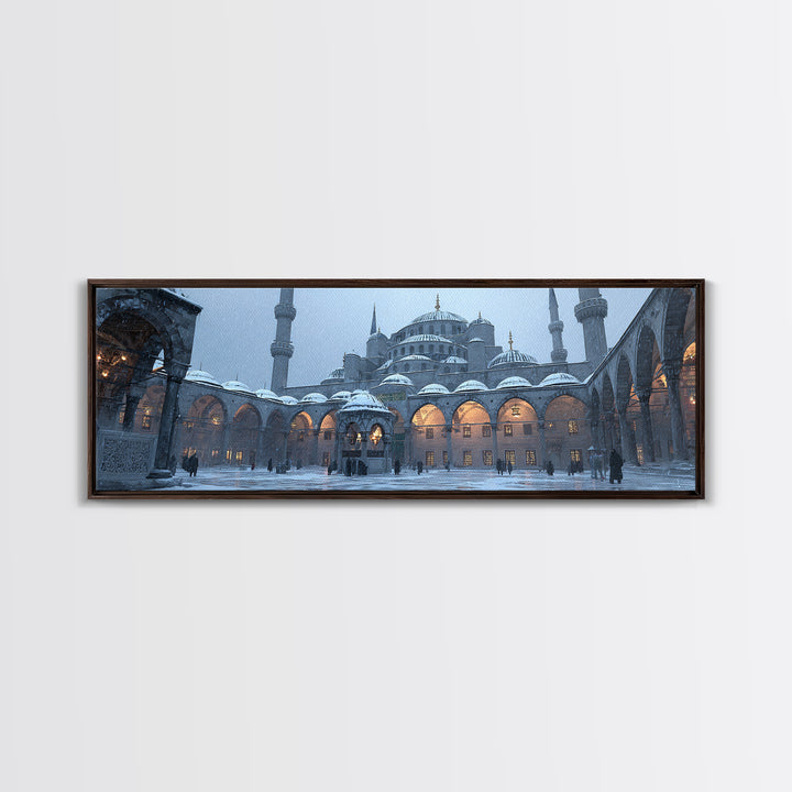 Historic Mosque Courtyard In Snowfall Cityscape Digital Painting Modern Wall Art Canvas Print For Home Decor