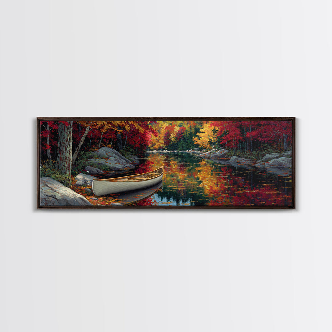 Peaceful Autumn River Scene With Canoe In Fall Colors Landscape Painting Framed Canvas Print Tranquil Nature Wall Art Gift