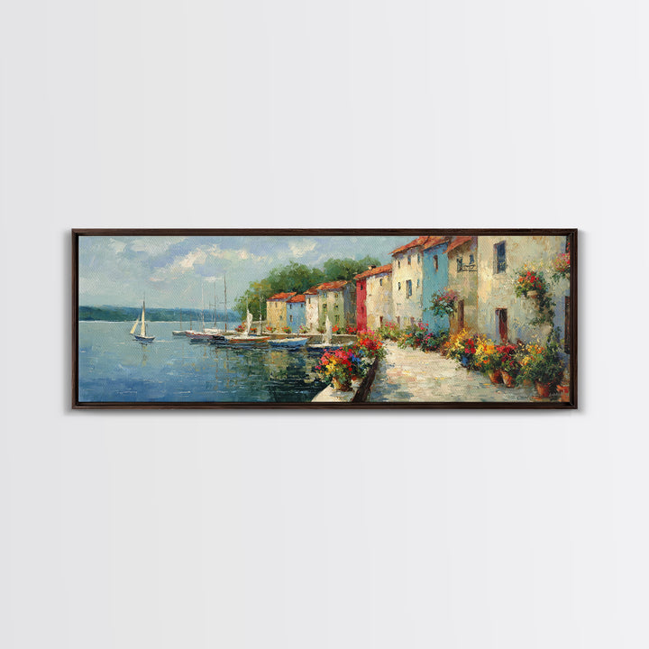 Classic Mediterranean Coastal Village With Colorful Buildings And Boats Oil Painting Canvas Print For Rustic Wall Art