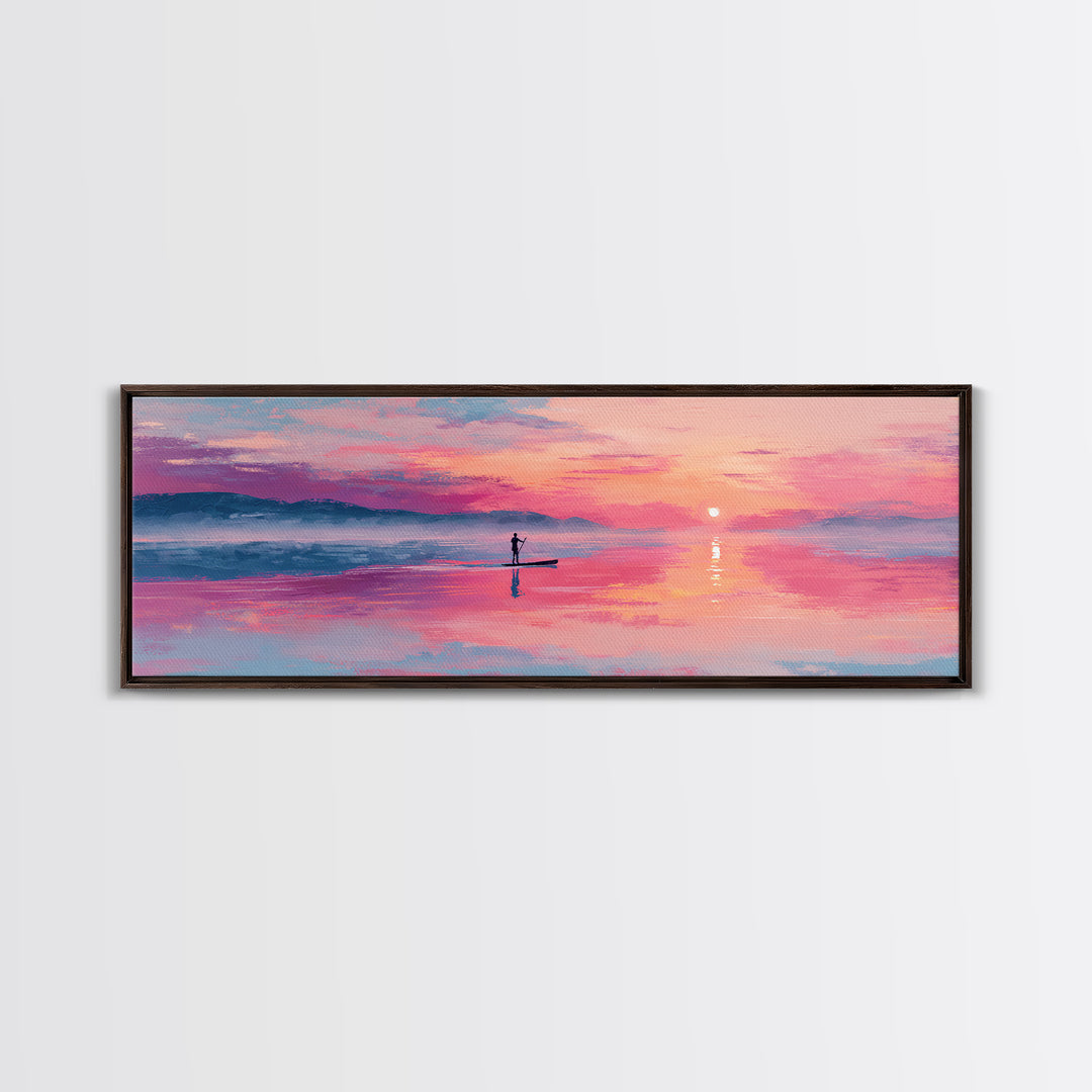 Serene Paddleboarder At Sunset With Pink Purple Sky Wall Art Canvas Print For Coastal Home Decor