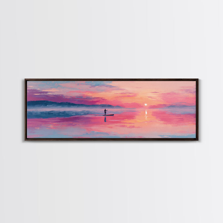 Serene Paddleboarder At Sunset With Pink Purple Sky Wall Art Canvas Print For Coastal Home Decor