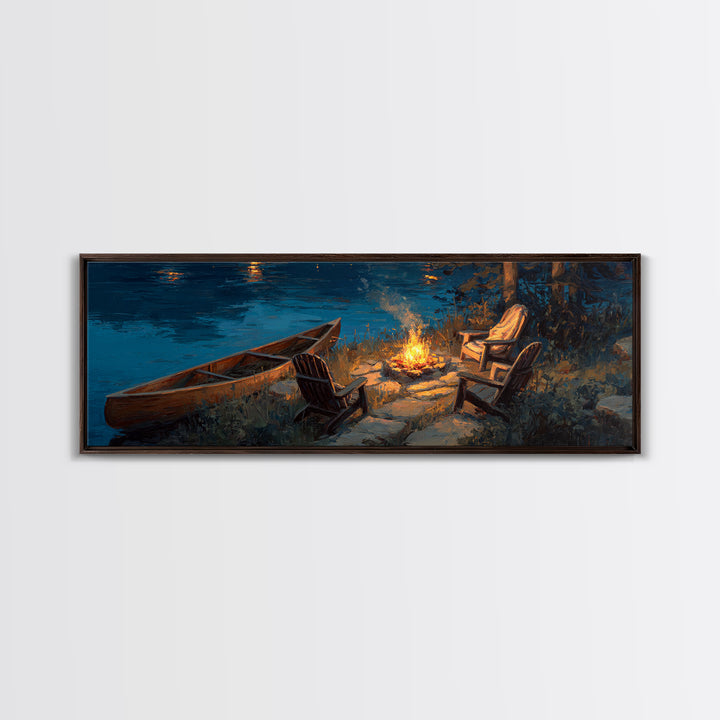 Tranquil Lakeside Campfire Scene With Chairs And Canoe Wall Art Canvas Print For Cozy Home Decor Rustic Bedroom Gift Ideas