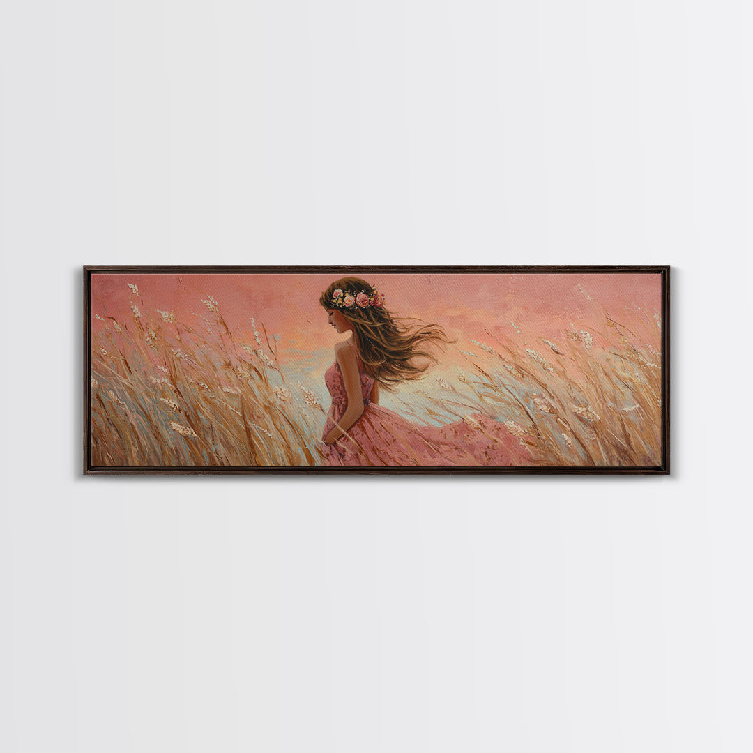 Boho Girl In Pink Dress Through Golden Wheat Field Canvas Print, Feminine Wall Art, Romantic Bedroom Decor, Housewarming Gift For Her