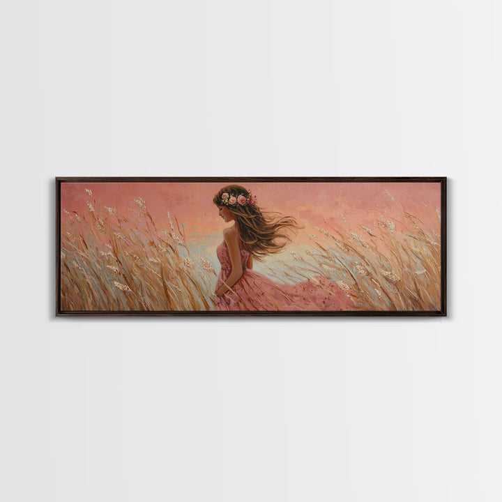 Boho Girl In Pink Dress Through Golden Wheat Field Canvas Print, Feminine Wall Art, Romantic Bedroom Decor, Housewarming Gift For Her