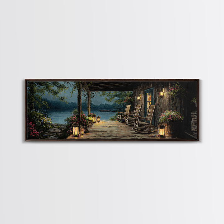Cozy Lakeside Porch At Twilight Featuring Rocking Chairs And Lanterns Wall Art Perfect For Rustic Home Decor And Living Room