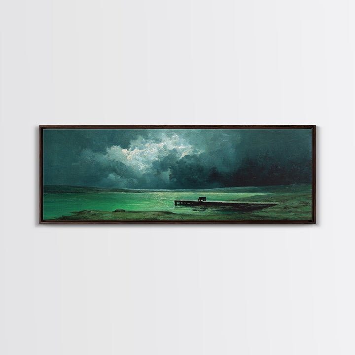 Moody Green Lakeside Dock Morning Mist Oil Landscape Painting Wall Art Canvas Print For Forest And Nature Home Decor