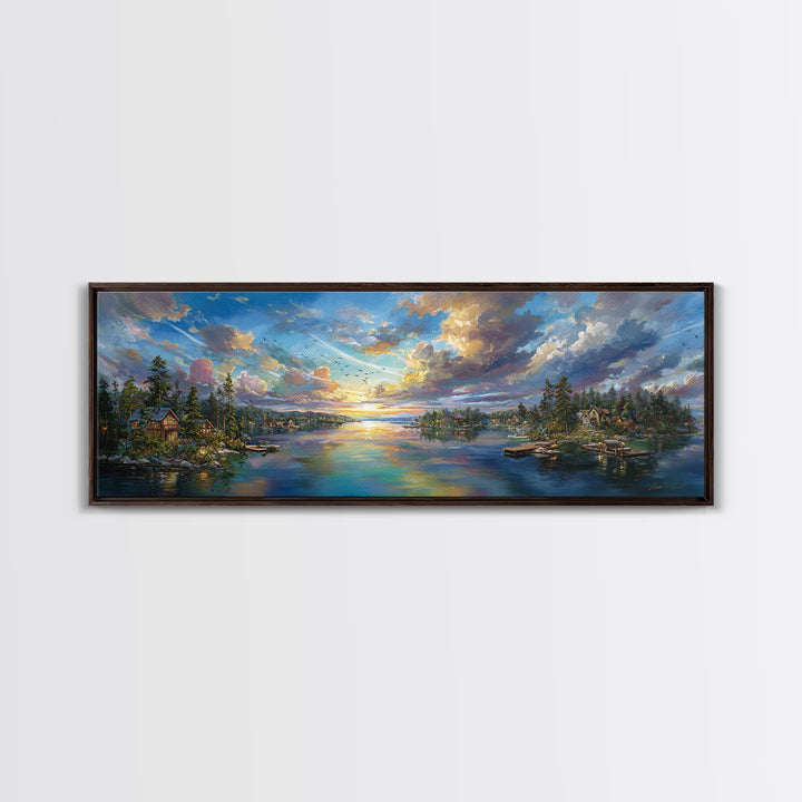 Serene Sunset Landscape Painting Wall Art Framed Canvas Print Vibrant Nature Scene With Lake And Mountains Home Decor