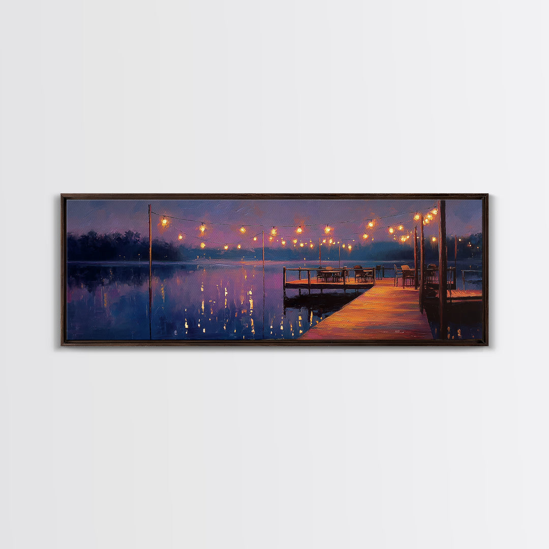 Cozy Lakeside Evening With Warm Lights Over Water - Serene Landscape Wall Art Framed Canvas Print For Relaxing Home Decor