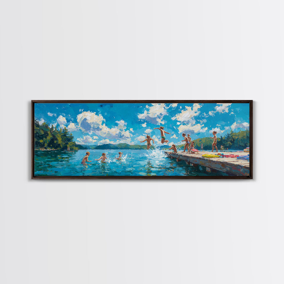Energetic Summer Kids Jumping Into Lake Water From Dock Painting Vibrant Outdoor Scene Wall Art Framed Canvas Print For Playful Decor