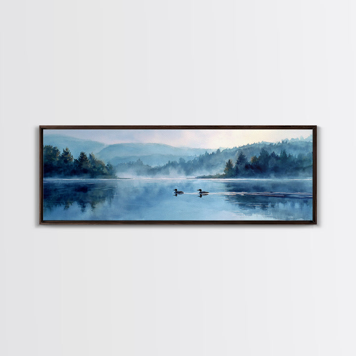 Mystical Lakeside Scene With Two Loons Swimming Among Misty Trees Watercolor Painting Canvas Print For Nature Wall Art