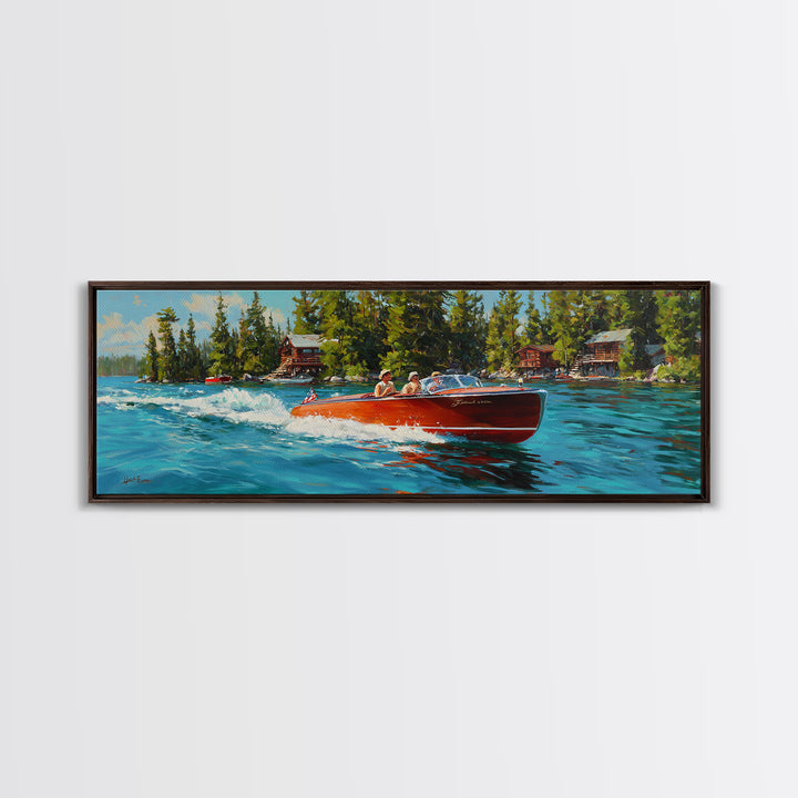 Classic Speedboat On Lake Painting With Bright Red Wood Vessel And Scenic Nature Watercraft Wall Art Print