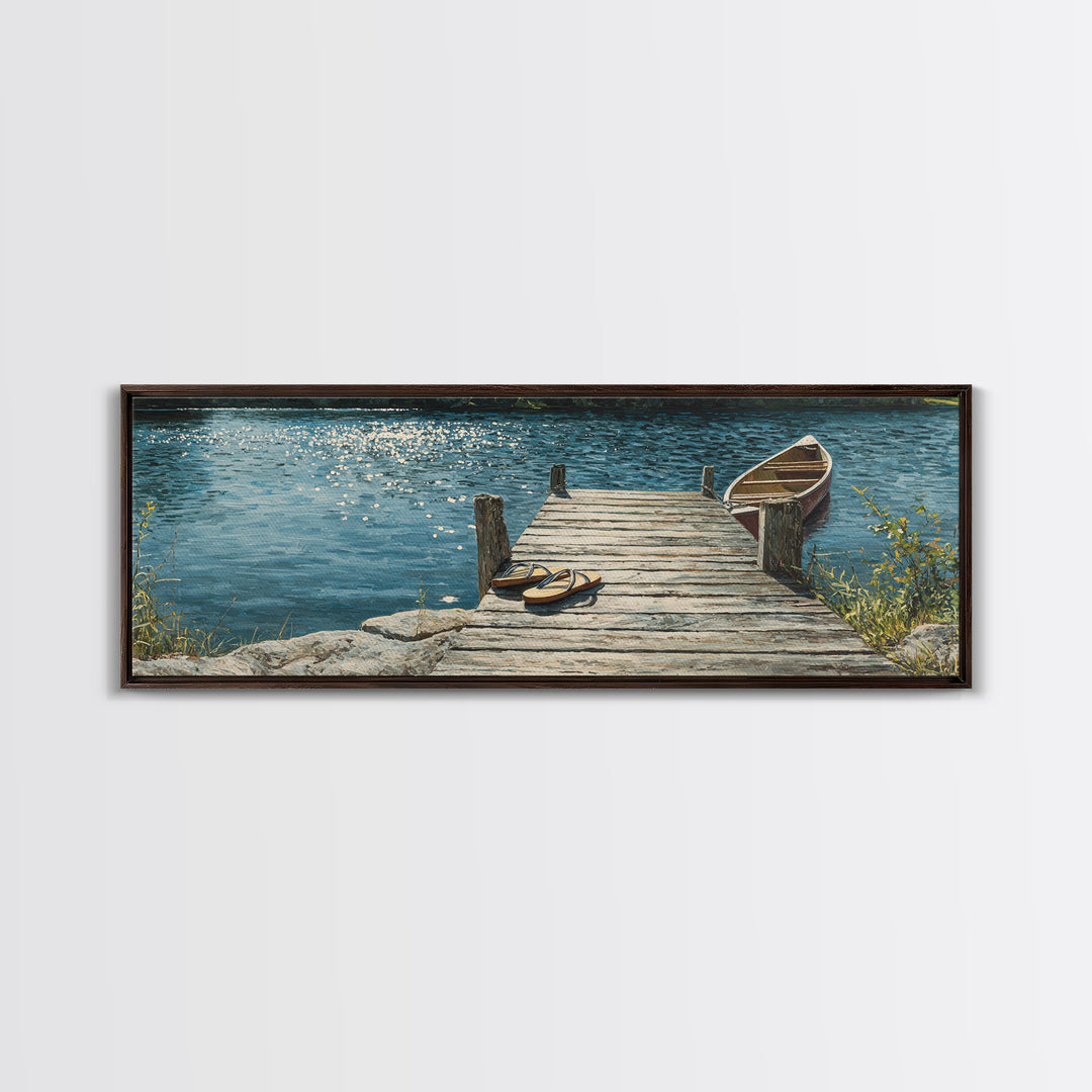 Rustic Lakeside Dock With Flip Flops Oil Painting Wall Art Framed Canvas Print Featuring Serene Water Scene And Cozy Summer Vibes