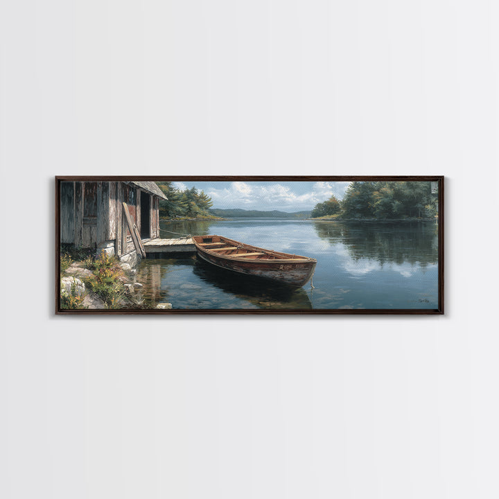 Tranquil Lakeside Rowboat Calm Water Reflection Painting - Serene Nature Wall Art Framed Canvas Print For Rustic Home Decor