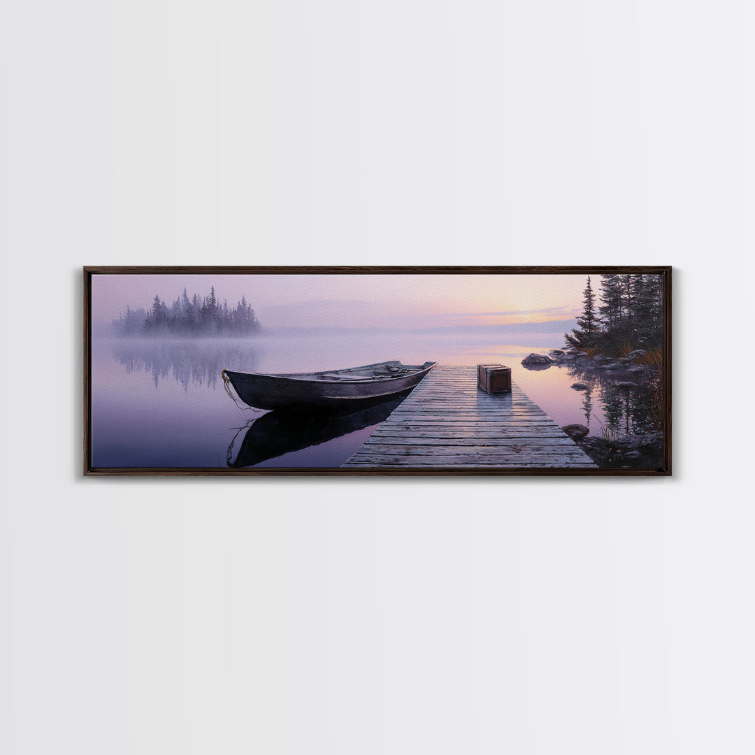 Peaceful Lake At Sunrise With Boat Scenic Landscape Painting Canvas Print For Rustic Home Decor And Large Wall Art