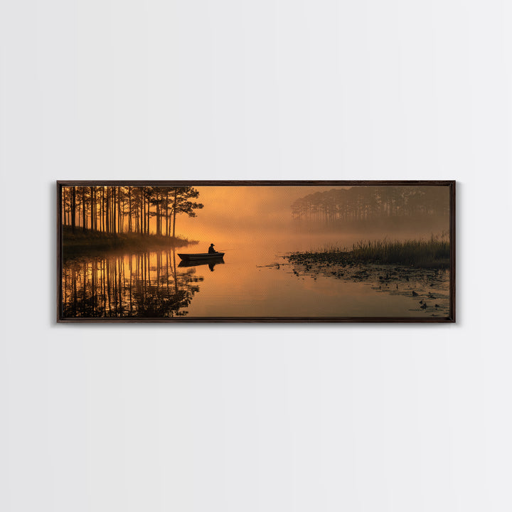 Peaceful Fisherman On Misty Lake At Sunrise Nature Wall Art Canvas Print For Tranquil Living Room Decor