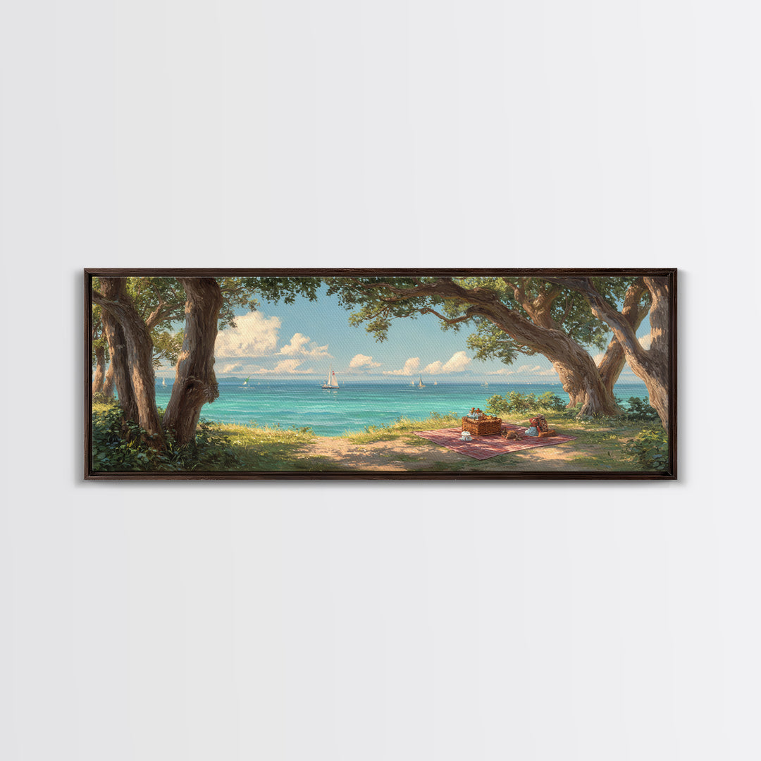 Coastal Picnic Scene With Tranquil Blue Ocean And Sailboats Under Trees - Serene Wall Art Framed Canvas Print For Home Decor