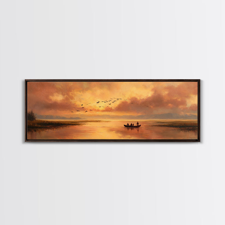Majestic Canvas Print Featuring Golden Light Over Calm River With Silhouetted Boat Serene Landscape Art For Living Room Home Decor And Tranquil Spaces