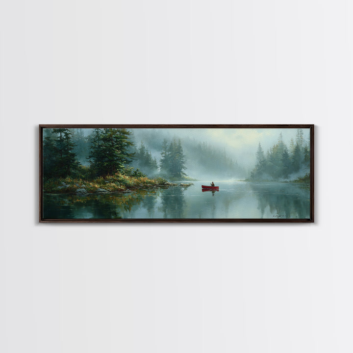 Peaceful Canoeist On Misty River Reflecting Mountain Landscape Wall Art Fine Art Canvas Print For Living Room