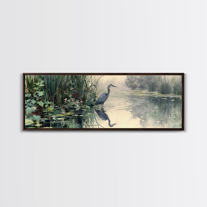 Serene Watercolor Painting Of Heron Standing In Misty Wetlands Surrounded By Lush Vegetation Wall Art