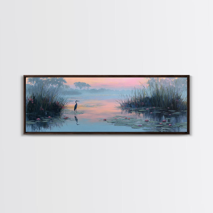 Tranquil Wetland Scene With Heron Standing Among Lilies At Sunrise Wall Art Canvas Print For Bedroom Decor