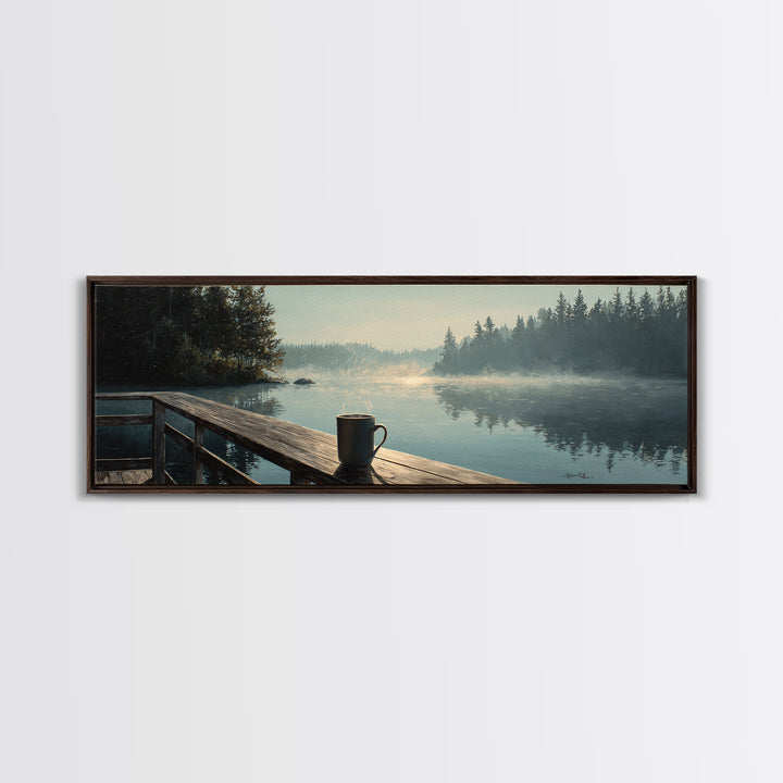 Calm Morning Lake View With Pier And Rising Mist Landscape Painting Wall Art Canvas Print Large Decor For Rustic Home And Cabin