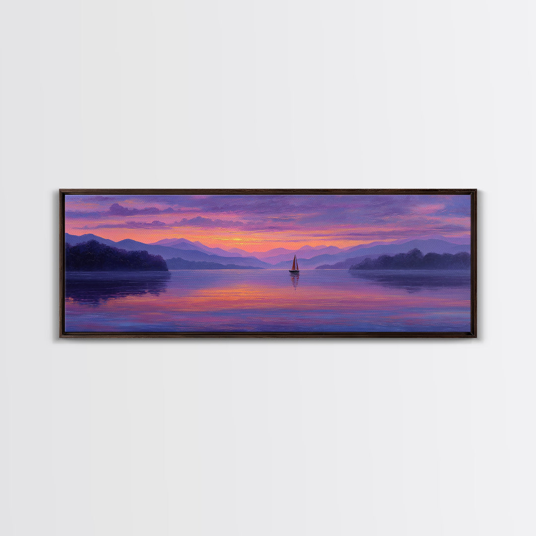 Serene Sunset Lake Landscape With Sailboat And Purple Mountains Painting Wall Art Framed Canvas Print For Tranquil Living Room Decor And Nature Lovers
