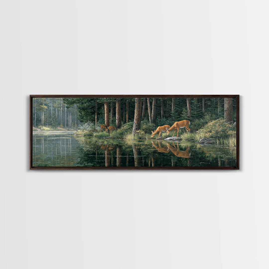 Peaceful Forest Scene With Deer Drinking By The Stream Reflective Nature Wall Art For Living Room Decor Framed Canvas Print