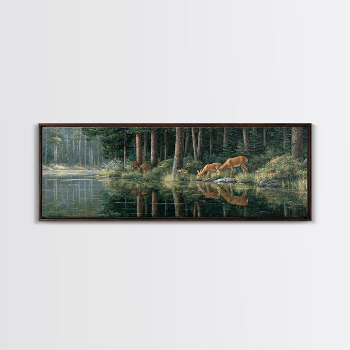 Peaceful Forest Scene With Deer Drinking By The Stream Reflective Nature Wall Art For Living Room Decor Framed Canvas Print