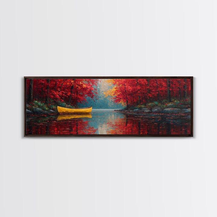 Vibrant Yellow Canoe On Calm Lake With Autumn Red Trees Framed Canvas Print Rustic Fall Wall Art