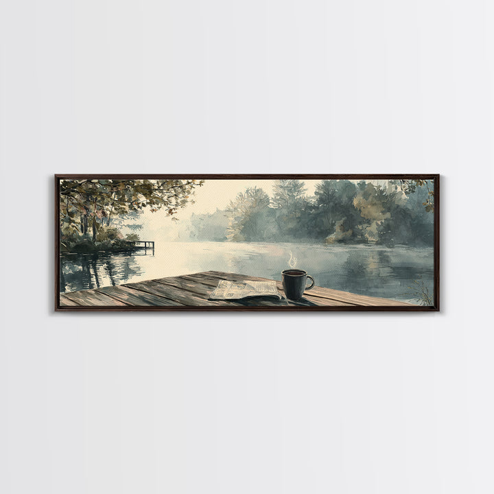 Misty Lakeside Dock Coffee Morning Wall Art, Horizontal Landscape Canvas, Cozy Cabin Decor, Lake House Living Room Print