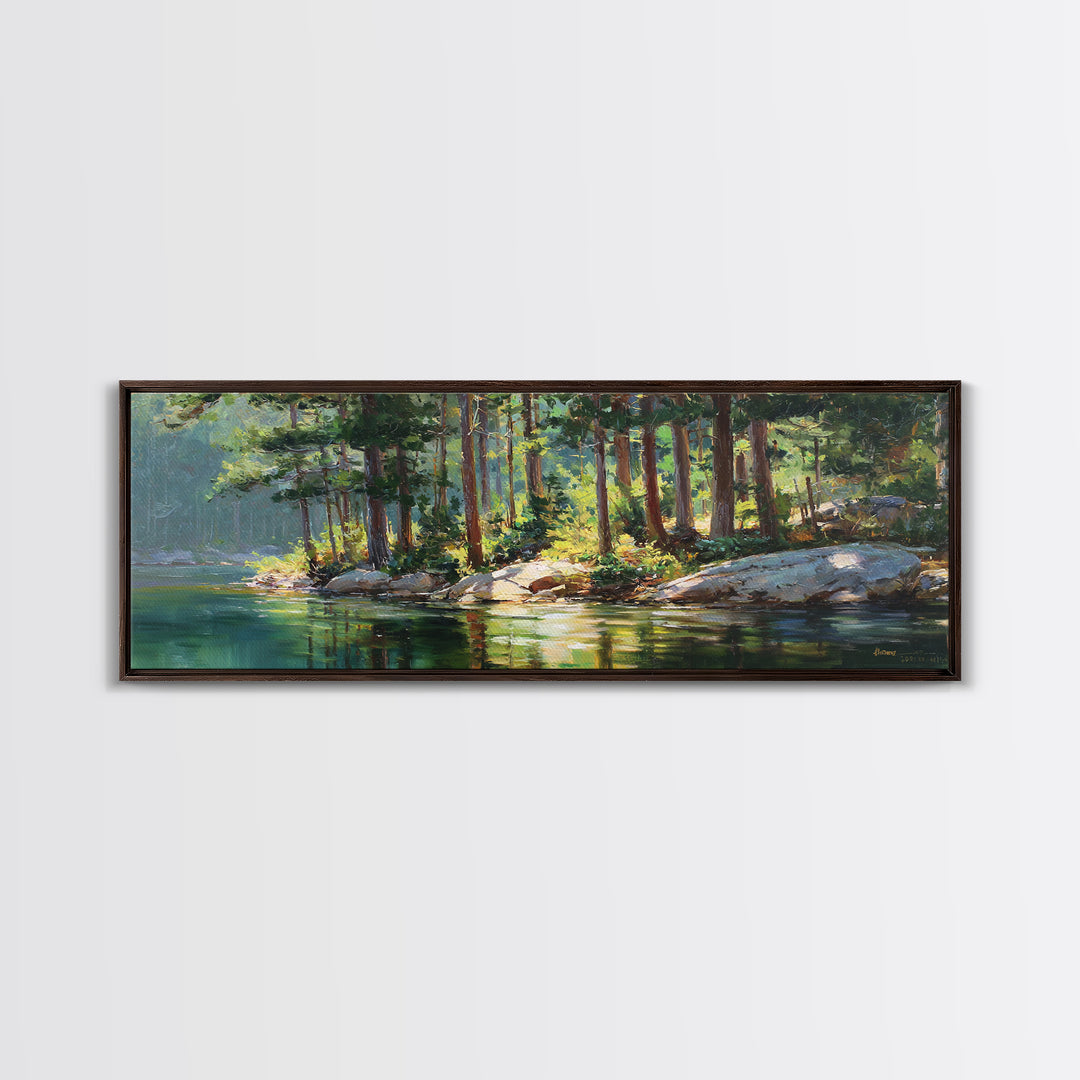 Sunlit Pine Lake Shore Wall Art, Forest Landscape Canvas Print, Nature Wall Decor, Cabin Decor, Large Horizontal Art, Living Room Decor